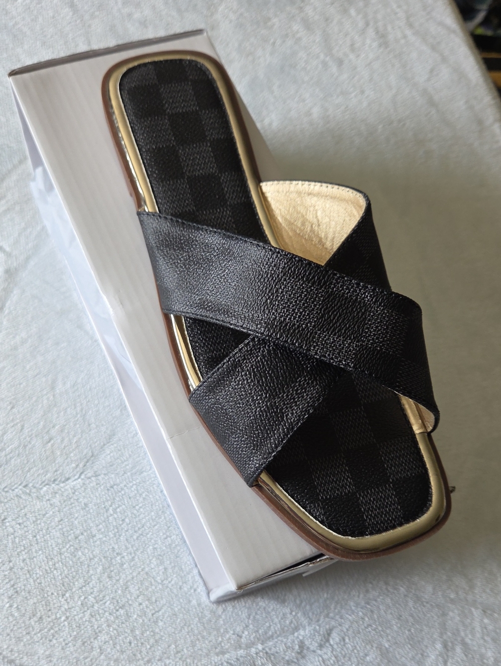 New In BOX Black Damier Printed Slide Sandal Fits 7-8 Women
